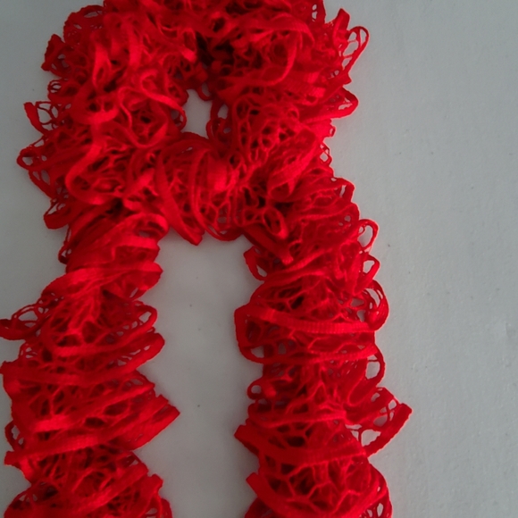 X-Long Red Crocheted Ruffle Scarf - Picture 7 of 8